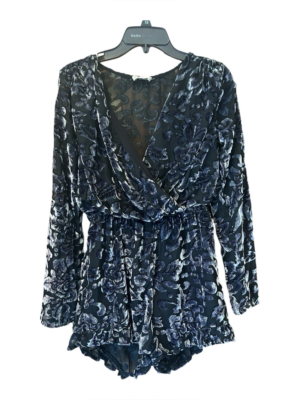 Altar'd State Black Floral Velvet Burnout Romper Long Sleeve Surplice Ruffle‎ S